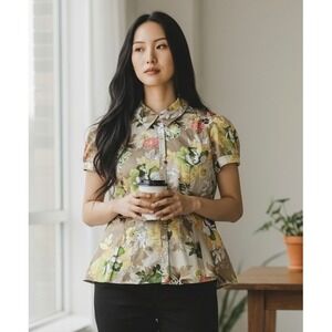 Allison Taylor Floral Satin Button Up Blouse Chic Luxe Short Sleeve Peplum Large